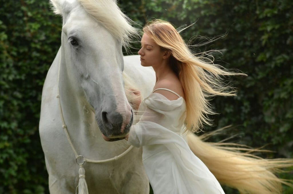Una foto de una mujer con un vestido blanco junto a un caballo blanco