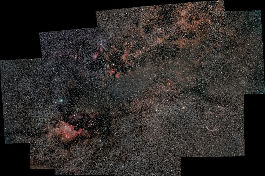 A 7-panel photo of the Cygnus constellation in the night sky
