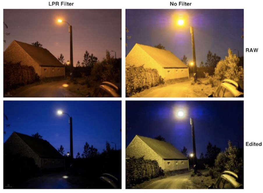Examples of night images of a barn taken with and without light pollution reduction filters